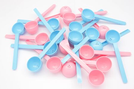 set of measuring spoons of milk powder for newborns baby bottles.の写真素材