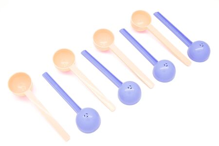 set of measuring spoons of milk powder for newborns baby bottles.の写真素材