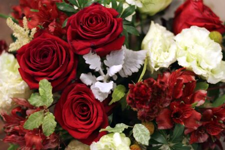 Bouquet of red white rosesの写真素材