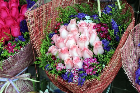 colorful flowers bouquet. roses. tulips. birthday,Mothers day, valentines day, greetings, congratulations.の写真素材