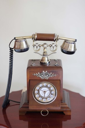 Retro metal and wooden Phone. Isolatedの写真素材