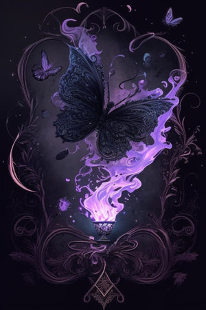 butterfly in the air with smoke and floral elements on dark backgroundの素材