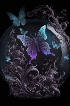 Illustration of a crystal ball with butterflies and floral ornament on a black backgroundの素材