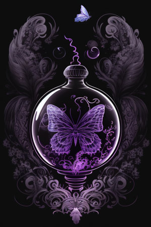Magic potion with butterflies and flowers on a black background. Vector illustration.の素材