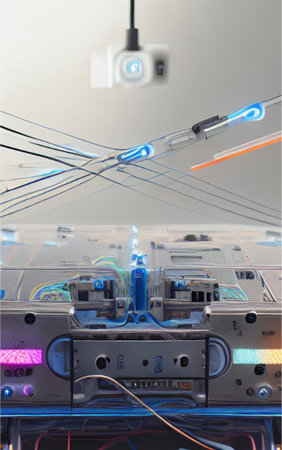 Fiber optic cables connected to a microcircuit in a laboratoryの素材