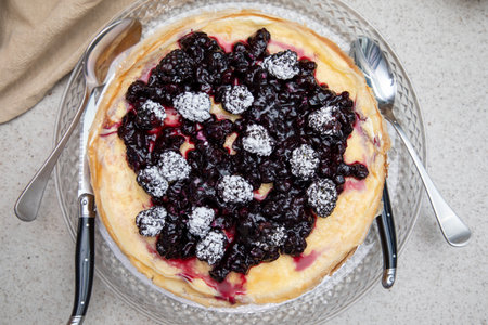 Cottage cheese cake with black currant and icing sugar on topの写真素材