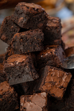 Homemade chocolate brownies close up. Selective focus, shallow depth of field.の写真素材
