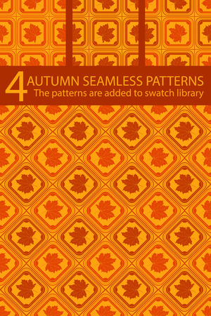 Set of vector autumn seamless patterns. Maple leaf with geometric ornamentのイラスト素材