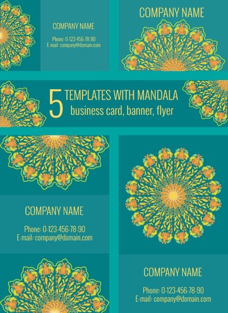 Set of vector templates ( business card, flyer, banner) for yoga studio, vegetarian restaurant or cafe, ethnic or eco shopのイラスト素材