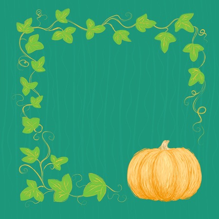 Hand drawn pumpkin and vine. Vector frame. Crayon texture. Fully editableのイラスト素材