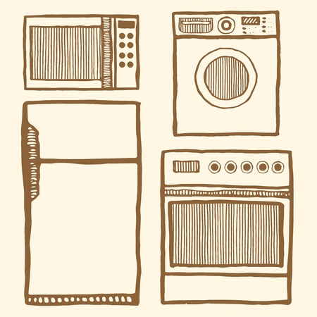 Home appliances set. Hand drawn pen and ink. Vintage style. Microwave, refrigerator, oven, washing machineのイラスト素材