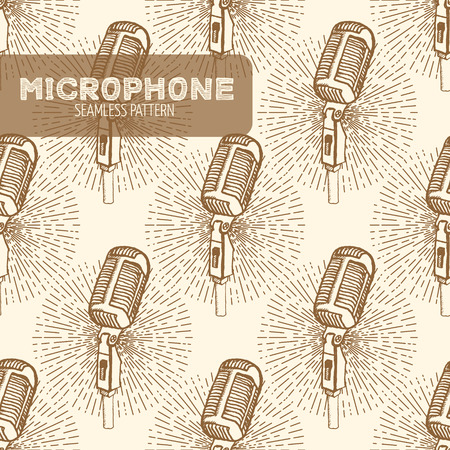 Microphone seamless pattern. Vintage style, hand drawn pen and ink.  Vector seamless pattern. Retro design element for electronics store packaging, studio, disco or karaoke club, or t-shirt designの写真素材
