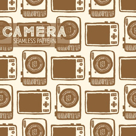 Pocket-size digital camera Front and back view seamless pattern. Vintage style, hand drawn pen and ink. Vector seamless pattern. Retro design element for electronics store or tour operator packagingのイラスト素材