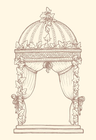 Ivy-covered Wedding Gazebo. Design element for wedding greeting card, invitation, frame. Vintage style, hand drawn pen and ink. Romantic retro pastel colorのイラスト素材
