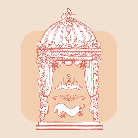 Ivy-covered Wedding Gazebo. Design element for wedding greeting card, valentines day invitation, honeymoon postcard. Vintage style, hand drawn pen and ink. Romantic retro bright colorのイラスト素材