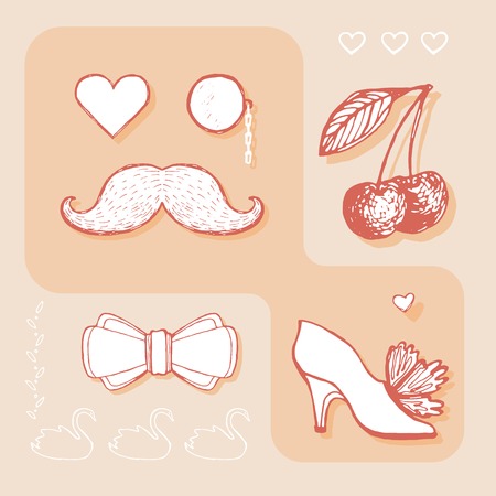 Symbols of bride and groom. Design element for wedding greeting card, valentines day invitation, honeymoon postcard. Vintage style, hand drawn pen and ink. Romantic retro bright colorのイラスト素材