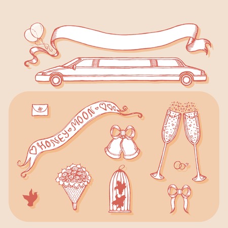 Design element for wedding greeting card, valentines day invitation, honeymoon postcard. Vintage style, hand drawn pen and ink. Romantic retro bright colorのイラスト素材