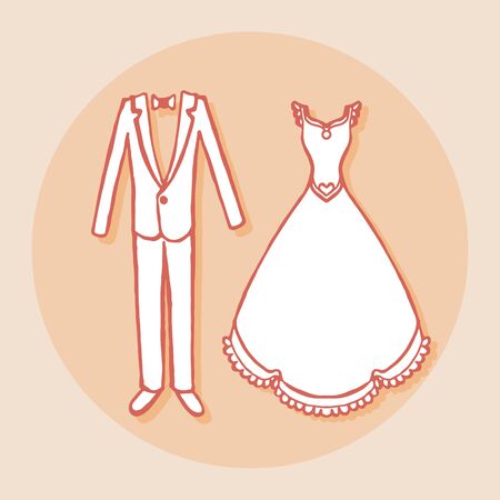 White wedding dress and groom suit. Design element for wedding greeting card, valentines day invitation, honeymoon postcard. Vintage style, hand drawn pen and ink. Romantic retro bright colorの写真素材