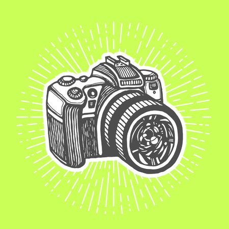 DSLR digital camera. Vintage style, hand drawn pen and ink.  Vector clip art for flyer, business card of electronics shop or professional camera store. Retro design elementのイラスト素材