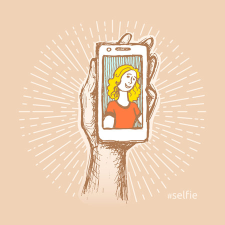 Retro colored vector illustration of woman taking a selfie. Funny creative design for t-shirt, bag, poster, sticker. Hand drawn, pen and ink. Abstract colorful self portraitのイラスト素材