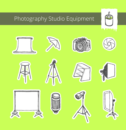 Photography Studio Equipment. Set of vector black and white illustrations for flyer, banner, ad, website. Hand drawn, pen and inkのイラスト素材