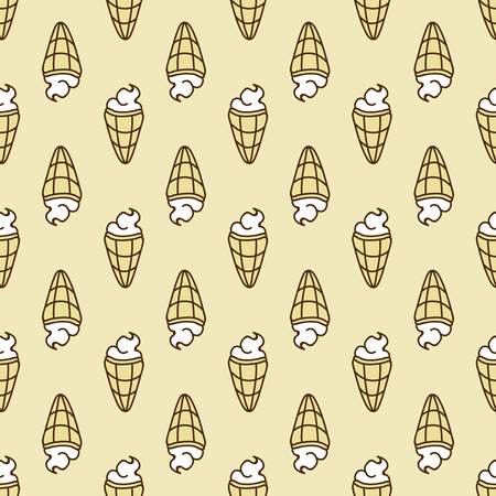 Seamless summer background. Hand drawn pattern. Suitable for fabric, greeting card, advertisement, wrapping. Bright and colorful ice cream cone backdropのイラスト素材