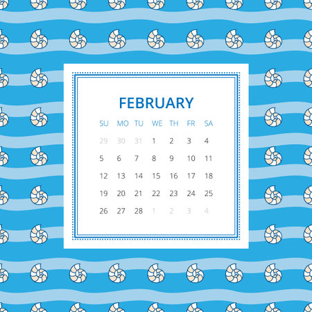 February 2017. One month calendar vector template in a page, square format. Hand drawn seamless pattern on background. Week starts on Sunday. Blue and white colorsのイラスト素材
