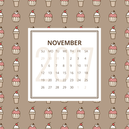 November 2017. One month calendar vector template in a page, square format. Hand drawn seamless pattern with cake and ice cream cone on background. Week starts on Sunday. Pink, white and brown colorsのイラスト素材