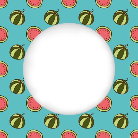 Greeting card background. Paper cut out, white shape with place for text. Frame with seamless pattern. Seamless summer background. Hand drawn pattern. Bright and colorful watermelon backdropのイラスト素材