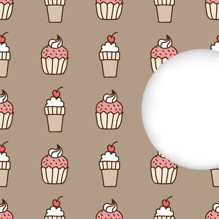 Greeting card background. Paper cut out, white shape with place for text. Frame with seamless pattern. Seamless summer background. Hand drawn pattern. Cake and ice cream cone with a cherry on topのイラスト素材
