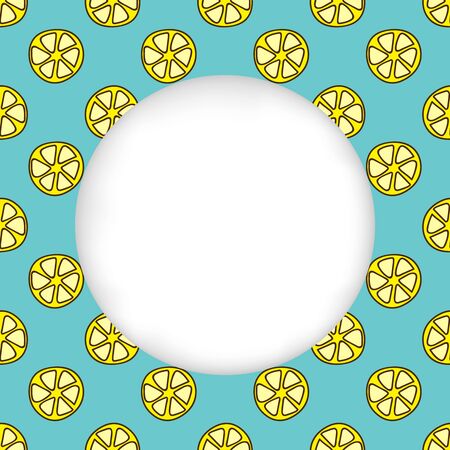 Greeting card background. Paper cut out, white shape with place for text. Frame with seamless pattern. Seamless summer background. Hand drawn pattern. Bright and colorful lemon slices backdropのイラスト素材