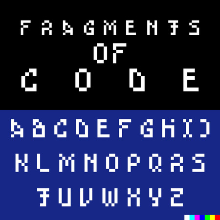 Old computer bitmap pixel font. Vector set of old-looking broken and hacked letters. English alphabet suitable to illustrate articles about hackers or technical issues on websites. White font on blackのイラスト素材