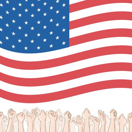 Happy Independence Day greeting card. 4th of July vector design element. Independence Day background. Crowd of people and waving US flagのイラスト素材