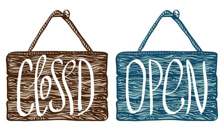 Open and closed sign. Vector frame with texture of wood, hand drawn. Wooden signboard with rope hanging on a nail. Isolated on white background.のイラスト素材