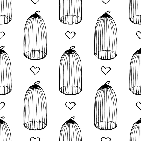 Heart and cage seamless pattern. Design element for wedding greeting card, valentines day invitation, honeymoon postcard. Vintage style, hand drawn pen and inkのイラスト素材