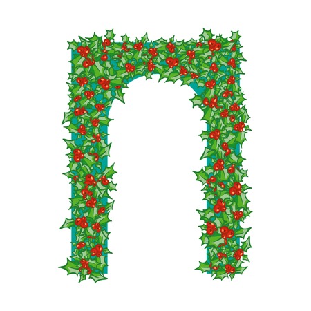 Holly Arch. Hand drawn background, design element for Christmas and New Year greeting card or banner. Holly with berry, isolated on whiteのイラスト素材