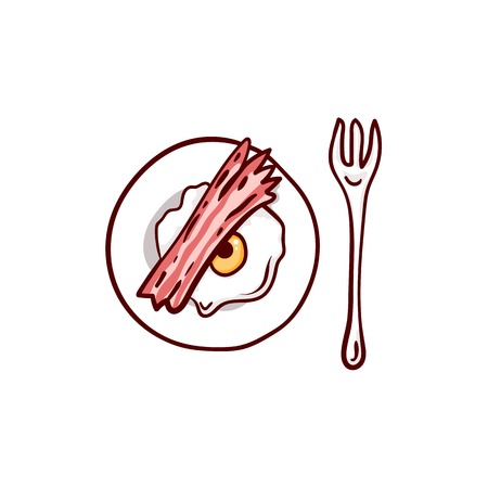 Bacon and eggs with eyeball and meat paw. Halloween lunch clip-art, isolated on white. Hand drawn sketchy icon, design element for halloween party invitation card, greeting card, banner, couponのイラスト素材