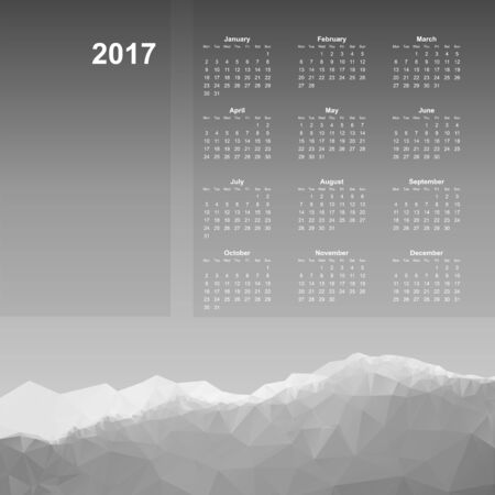 Calendar page, 2017 year, vector template. Week starts at Monday. Poster with mountain background, black and whiteのイラスト素材