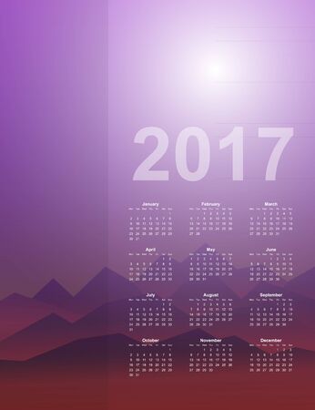 Calendar page, 2017 year, vector template. Week starts at Monday. Poster with mountain backgroundのイラスト素材