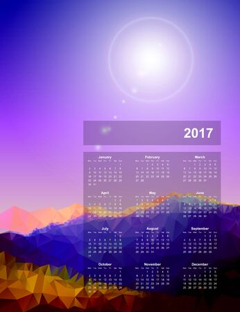 Calendar page, 2017 year, vector template. Week starts at Monday. Poster with mountain backgroundのイラスト素材