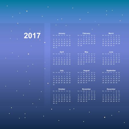 Calendar page, 2017 year, vector template. Week starts at Monday. Poster with night sky backgroundのイラスト素材