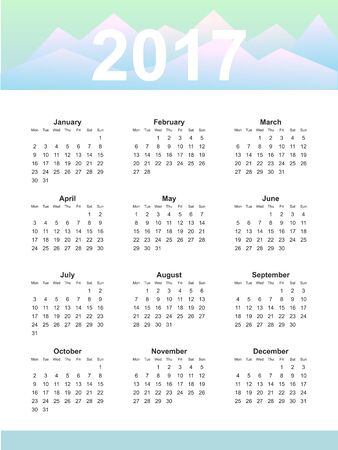 Calendar page, 2017 year, vector template. Week starts at Monday. Poster with mountain backgroundのイラスト素材
