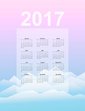 Calendar page, 2017 year, vector template. Week starts at Monday. Poster with mountain backgroundのイラスト素材