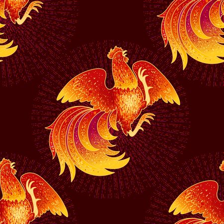 2017, the Year of the Fire Rooster in Chinese Horoscope. Red and gold colors, symbol of new year. Fire element. Hand drawn sketchy cartoon tileable background, vector seamless patternのイラスト素材