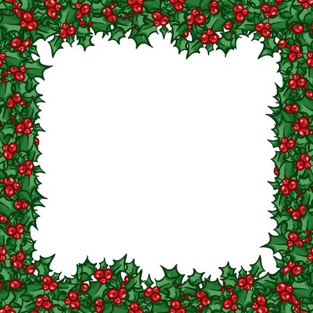 Holly leaves and berries. Hand drawn vector design element, clip-art isolated on white. Sprig of Holly frame. Useful for Christmas and New Year greeting card, poster, flyerのイラスト素材