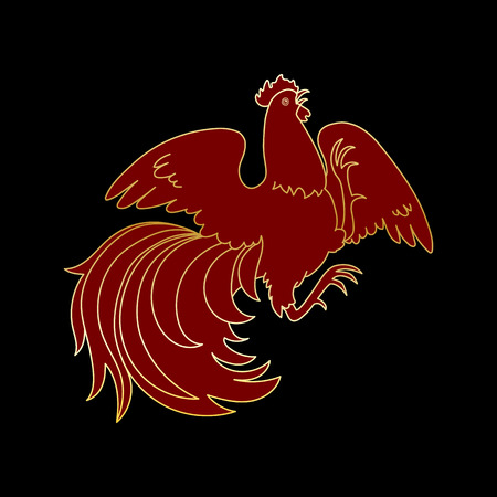2017, the Year of the Fire Rooster in Chinese Horoscope. Gold colors, symbol of new year. Hand drawn clip-art, vector illustration isolated on black. Design element for greeting card or posterのイラスト素材