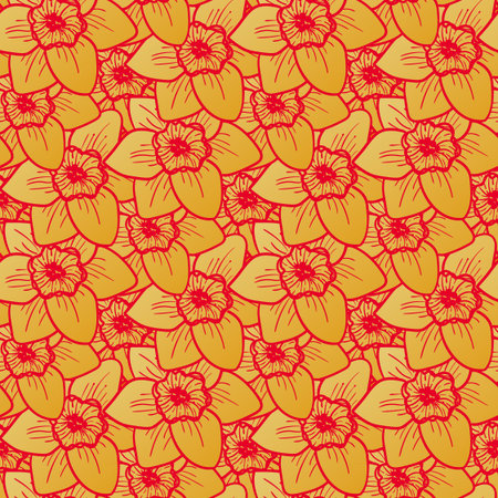 Golden flowers seamless pattern, hand drawn tileable vector background. Narcissus is one of symbols of Spring Festival or Chinese New year in China. Gold and redのイラスト素材