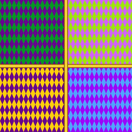 Mardi Gras tileable design element, Fat Tusday seamless pattern. Purple, yellow and green backgrounds with golden dividers Diamond patternのイラスト素材