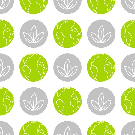 World Wildlife Day tileable background. Vector design element, seamless pattern with symbols of plants and planet Earth. Leaves and green globe on whiteのイラスト素材