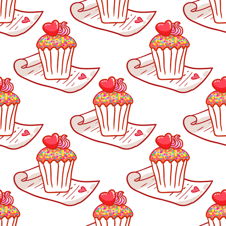 February 14, Valentines Day Breakfast seamless pattern. Chocolate cupcake with confetti and heart on topのイラスト素材